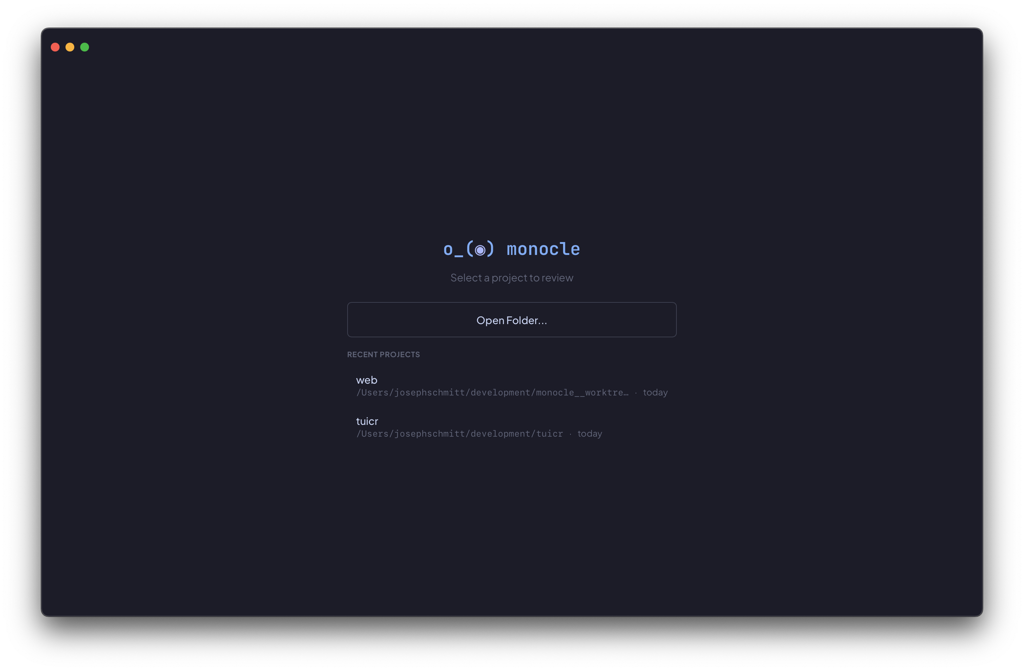 Monocle desktop app — project picker