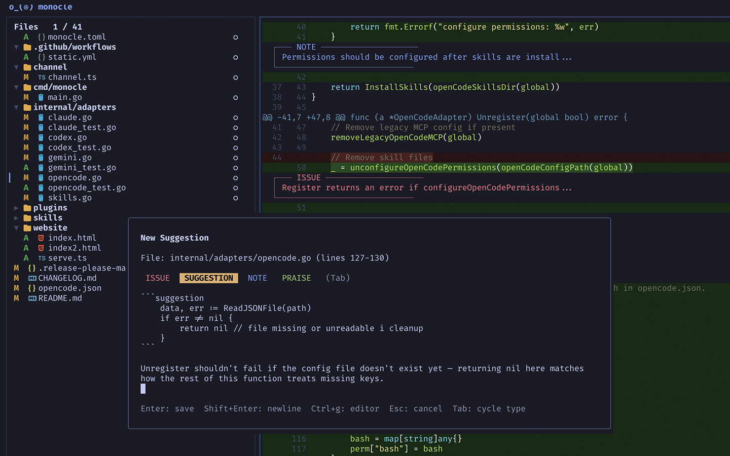 Monocle TUI showing diff review with inline comments